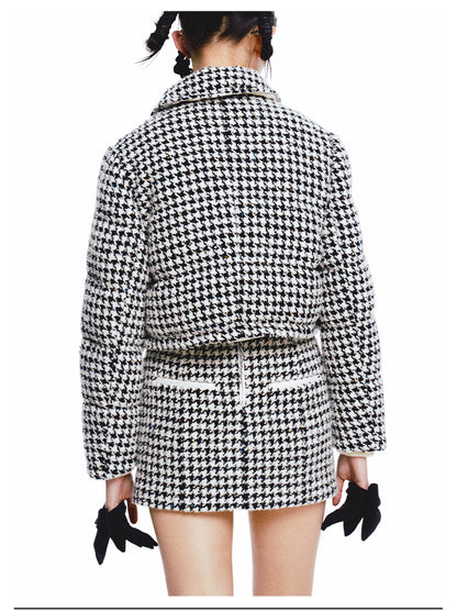 FAME vintage bow embellishment tweed houndstooth down jacket coat - VAi