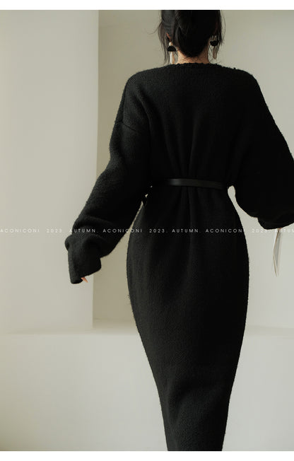 Aconiconi|Purple Flower Crochet openwork long cropped loose wool knit sweater  dress - Twilight