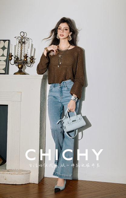 CHICHY hot diamond bootcut blue high-waisted slim pants-KYO