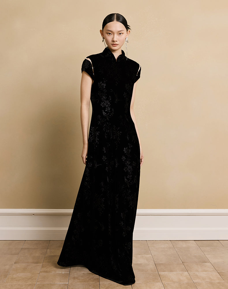 HECO Velvet Embossed Red Black Long Dress Women's- EXPECT.