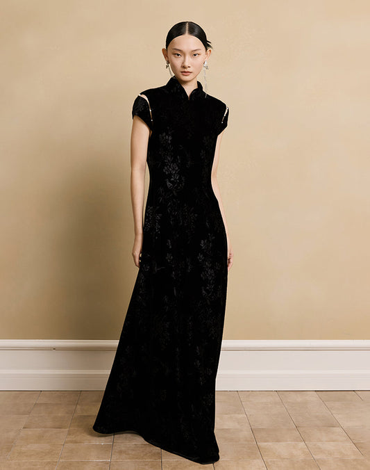 HECO Velvet Embossed Red Black Long Dress Women's- EXPECT.