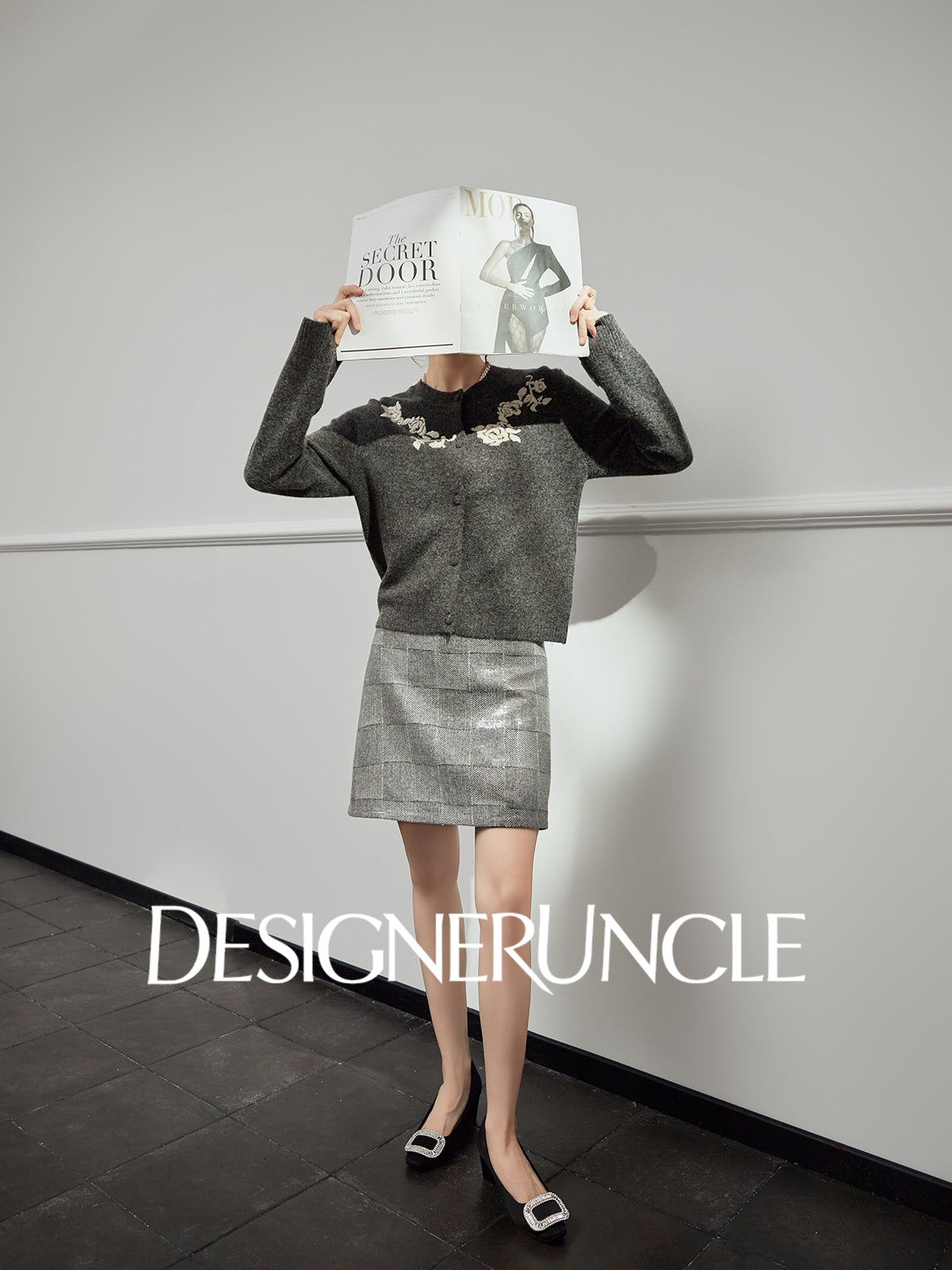 DGU "Flower Rhyme" gray sweater autumn retro loose slimming knitted top - Brianna.