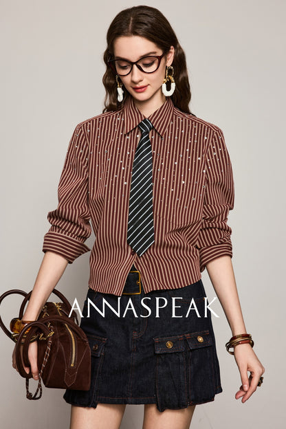 ANNASPEAK striped long staple cotton truncated shirt-QUEN.