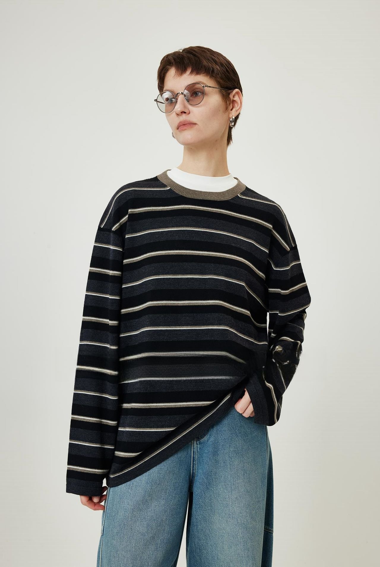 PIAOIN stripe design neutral loose long sleeve T-shirt silk wool knitwear spring-CIX