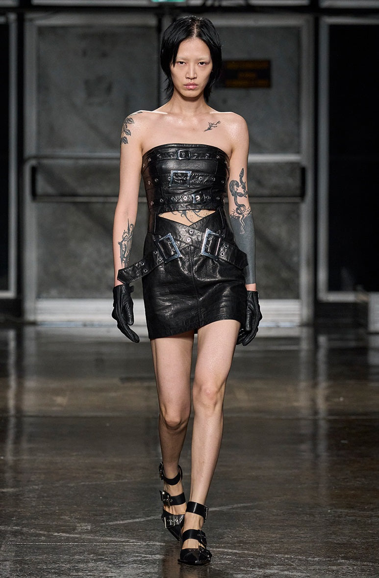 ANNAKIKI Niche designer black leather strappy bandeau dress-YUQI
