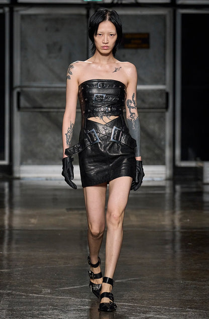 ANNAKIKI Niche designer black leather strappy bandeau dress-YUQI