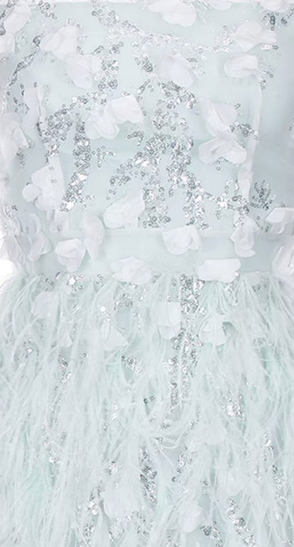 Wardrobes by Chen Elegant Blue Sleeveless Flower Feather Dress - Moji