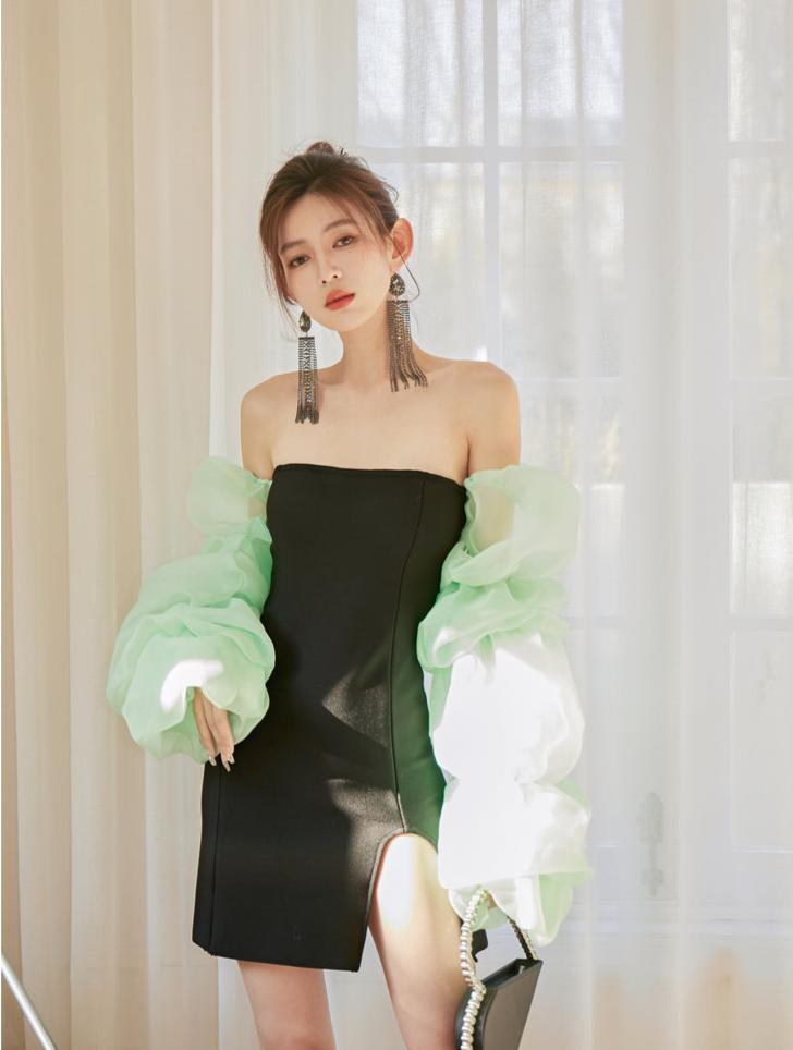 DOLLY Elegant Black Chest Wrap Long Puff Sleeve Slim Fit Short Slit Party Dress-KABRINA