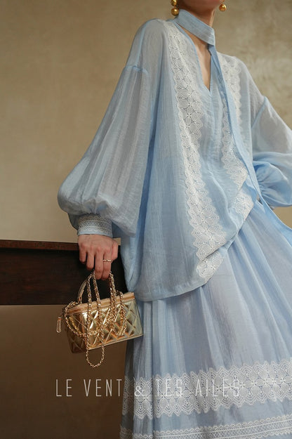 LE VENT&TES AILES pastel blue elegant summer vacation  V-neck shirt skirt set -GWEN