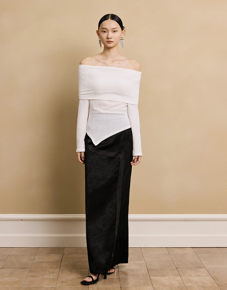 HECO stretch pleated off-the-shoulder long sleeve T-shirt - GRAD.