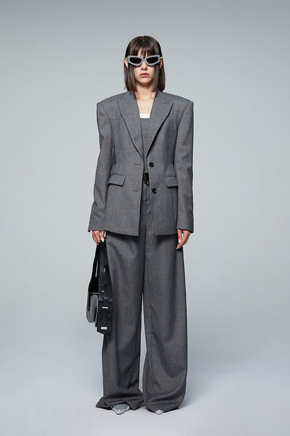ANNAKIKI Gray Worsted Wool Wide-leg Pants Casual Pants-DEMI