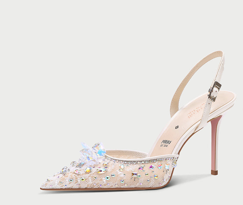 Pjjuu pointy toe formal Lace Rhinestone bridal wedding sling back stiletto heels  - AWEH