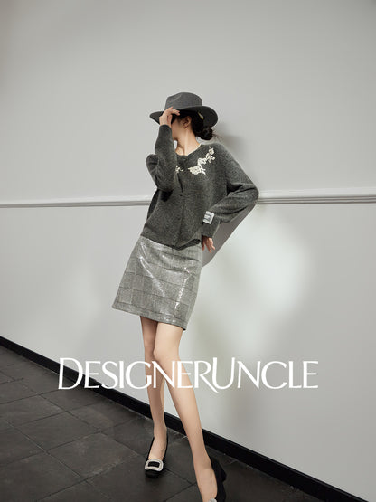 DGU "Flower Rhyme" gray sweater autumn retro loose slimming knitted top - Brianna.