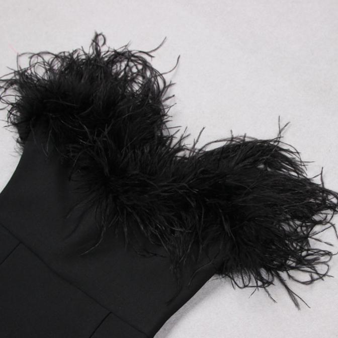 DOLLY Elegant Black Off Shoulder Feather Tube Top Long Slim Fit Dinner Dress-LILIAN