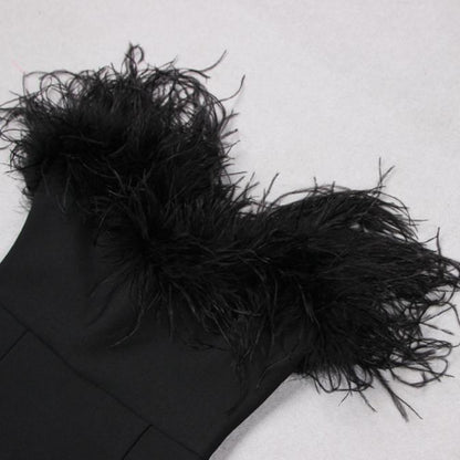 DOLLY Elegant Black Off Shoulder Feather Tube Top Long Slim Fit Dinner Dress-LILIAN