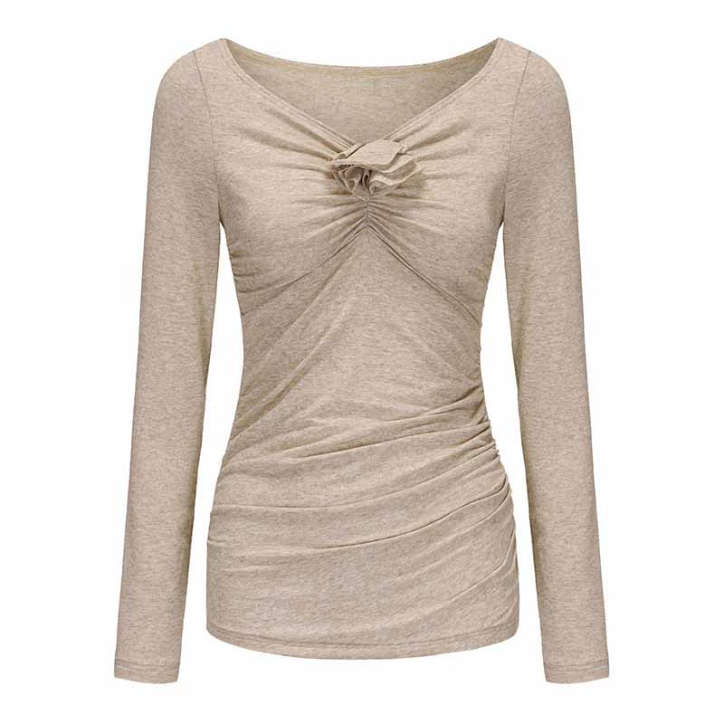 ATELIER MISS LU Fall/Winter Orchid Shape Patch Ruched Stretch Top - MELODY.