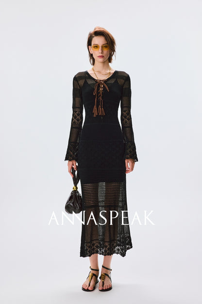 ANNASPEAK Fringe Lace-up Slim Knit Dress- CHACHA.