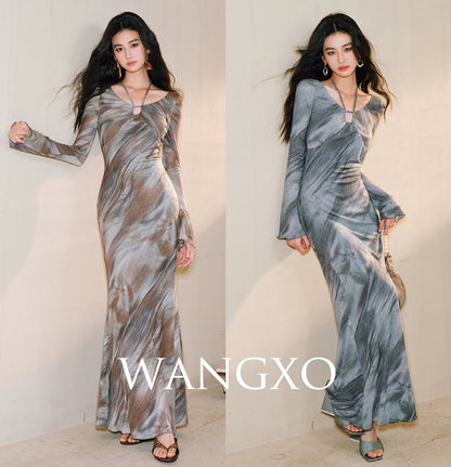 WANGXO Galaxy Muse -Starry Silver Oil-Paint  Halterneck Dress - SABLE