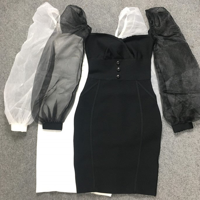 DOLLY Elegant White/Black V-Neck Mesh Long Puff Sleeve Slim Fit Dress-HAN