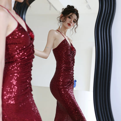 DOLLY Elegant Burgundy Red Halter Neck Slim Fit Sequin Long Cocktail Dress-KIKI (V)