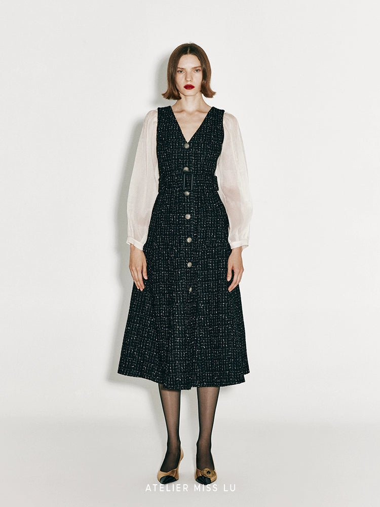 ATELIER MISS LU Vintage Tweed Sleeve Patchwork Dress - KIMMIE