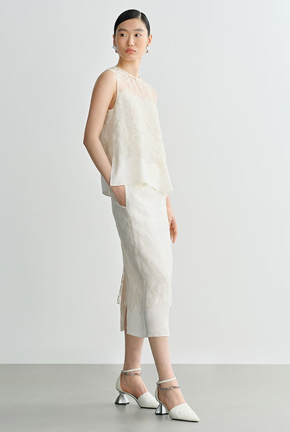 COMME MOI Silk Embroidered Top Sleeveless white Shirt - SIMON.