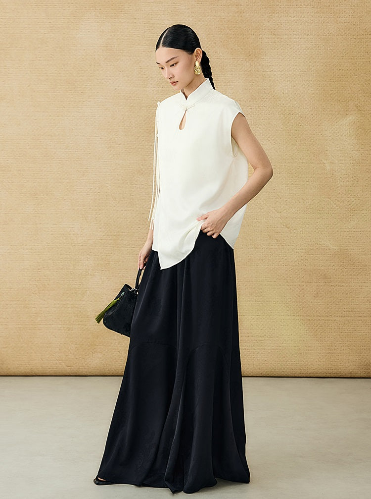 HECO Chinese Peony Buckle Short Sleeve Acetate Tassel Top - TEACH .