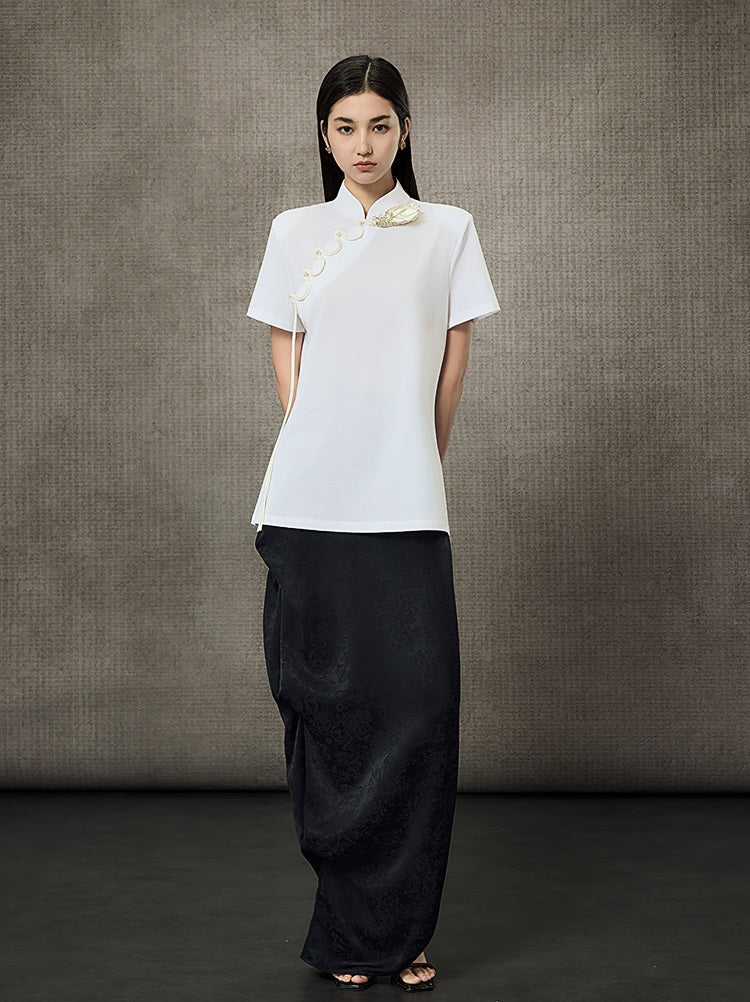 HECO Summer Handmade Orchid Winding Mandarin Neckline Short Sleeve Top - FLIGHT.