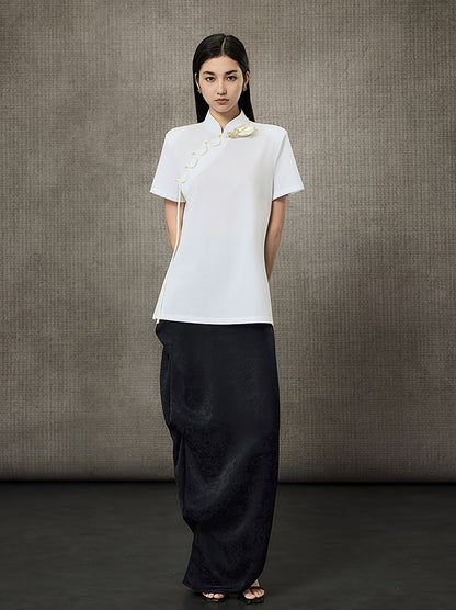 HECO Summer Handmade Orchid Winding Mandarin Neckline Short Sleeve Top - FLIGHT.