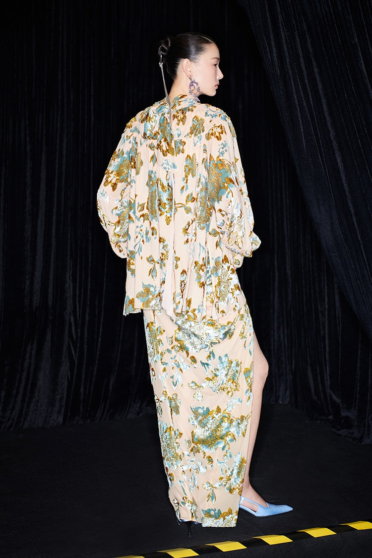 M essential Mackay designer Qili burnt floral velvet dense pleated lace-up loose top - PETER.