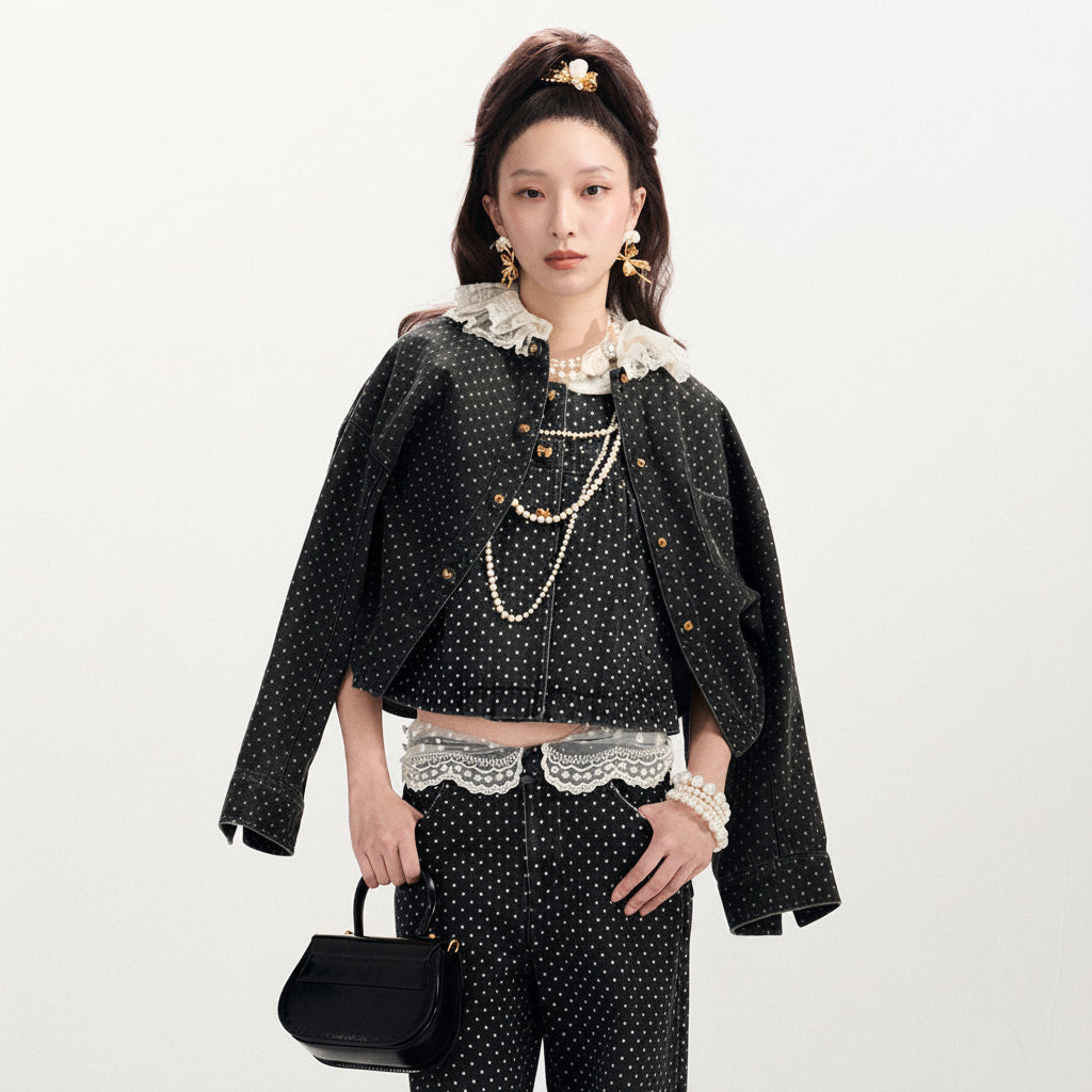 FAME Double-Collar Polka-Dot Denim Jacket - ELOWEN