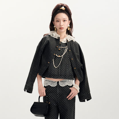 FAME Double-Collar Polka-Dot Denim Jacket - ELOWEN
