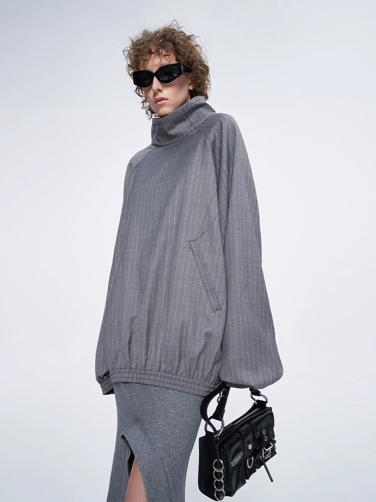 ANNAKIKI Gray Wool Casual Loose Pullover Stand Collar Top-EIKO