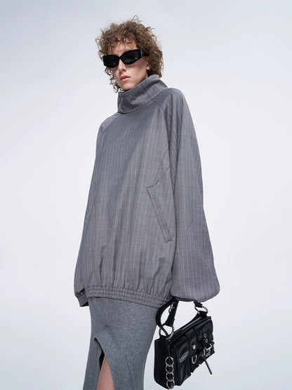 ANNAKIKI Gray Wool Casual Loose Pullover Stand Collar Top-EIKO