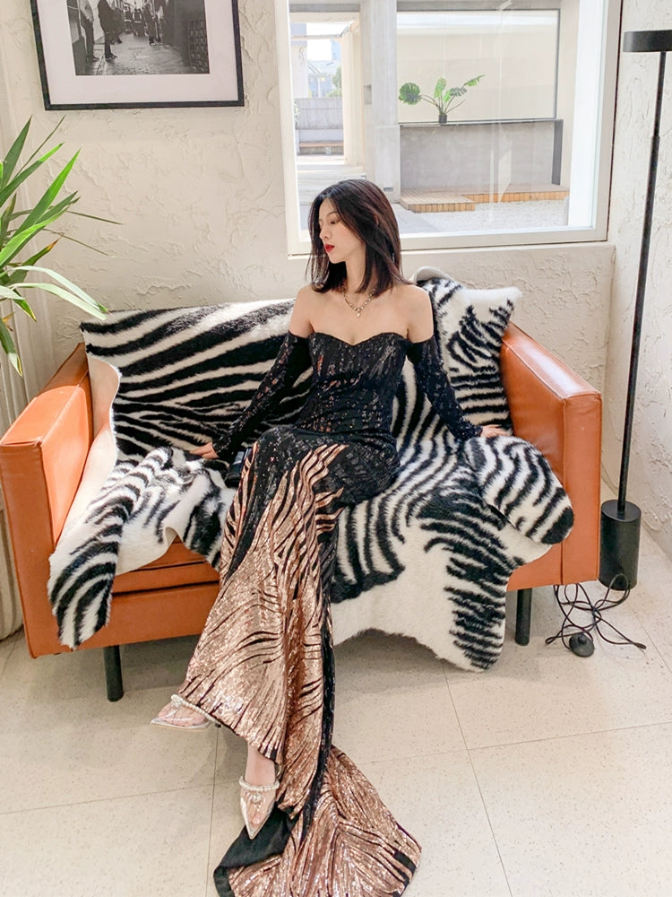 DOLLY High End Black Gold Chest Wrap Long Sleeve Off Shoulder Long Banquet Dress-KANTE