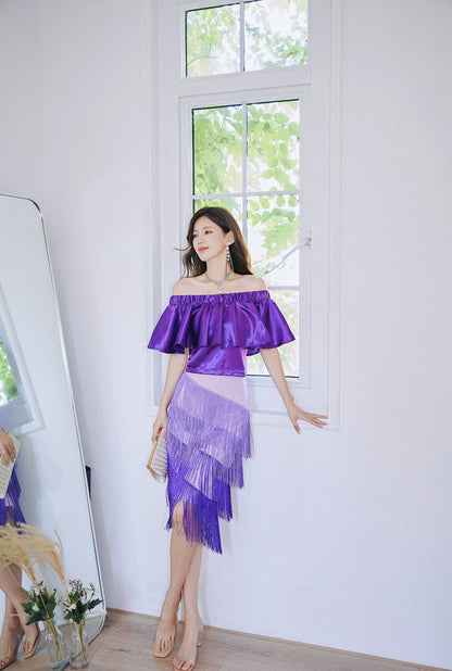 DOLLY Elegant Purple Satin Ruffle Of Shoulder Top+ Gradient Tassel Skirt-ZAYN