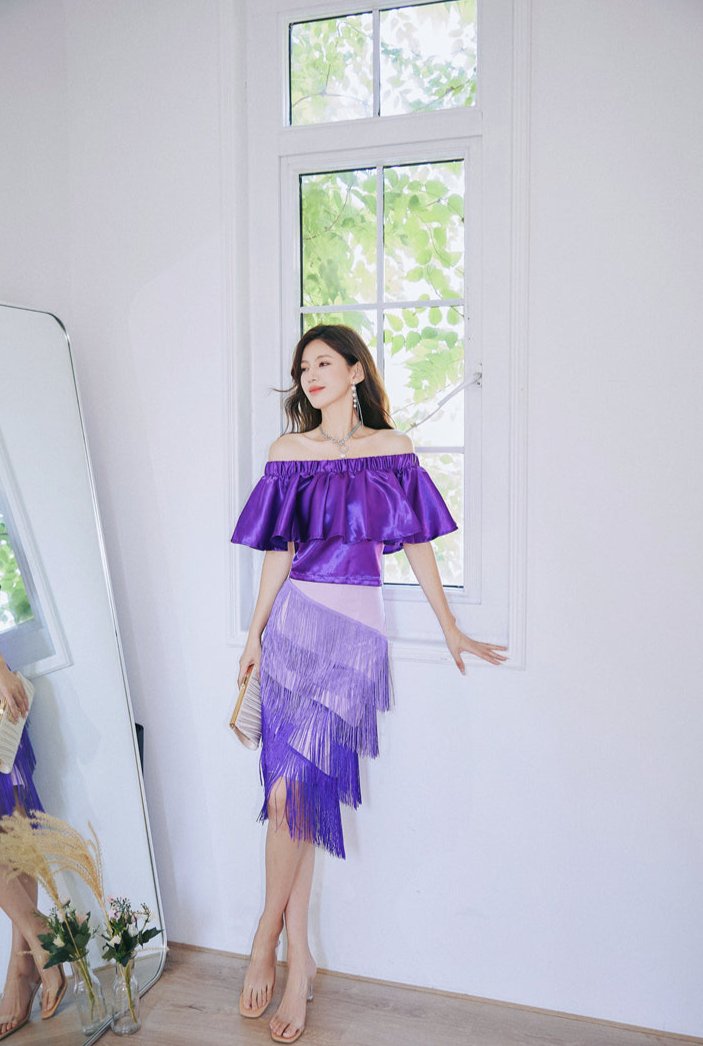 DOLLY Elegant Purple Satin Ruffle Of Shoulder Top+ Gradient Tassel Skirt-ZAYN