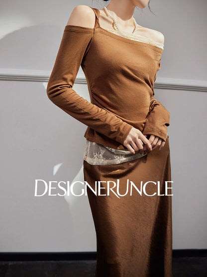 DGU "Twilight" coffee lace contrasting retro loose slimming temperament top - STRAT.