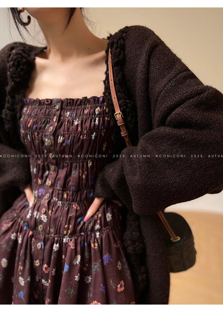 Aconiconi Luxury Loose V-Neck Long Sleeve Crochet Sweater - Camellia in the Fields