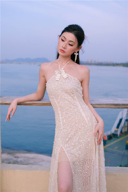 Wardrobes by Chen Luxury French Embroidered Butterfly Halter neck slick Dress- Kara