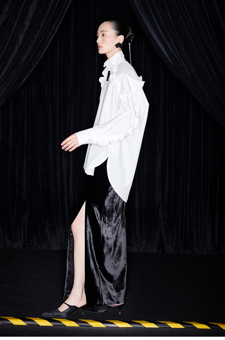 M essential Mackay designer white cotton three-dimensional ruffle trim shirt -  Tori.