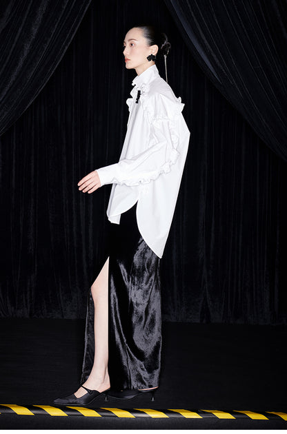 M essential Mackay designer white cotton three-dimensional ruffle trim shirt -  Tori.