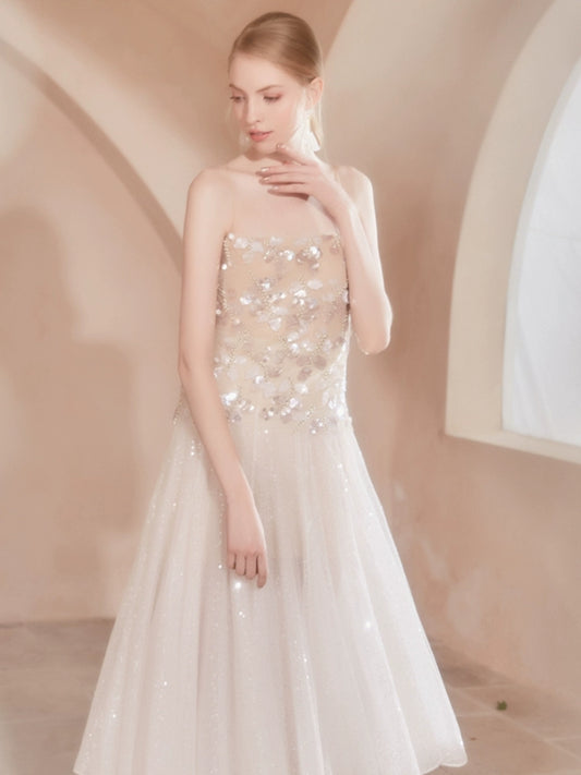 Wardrobes by Chen Luxury Strap Beaded Sequin Pleat Long Hem Top-Hioppi