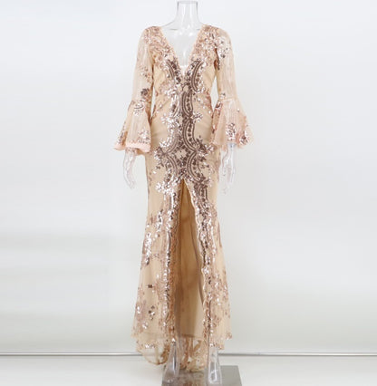 DOLLY Elegant V-Neck Long Sleeve Sequin Hip Flared Fish Tail Banquet Dress-MAY