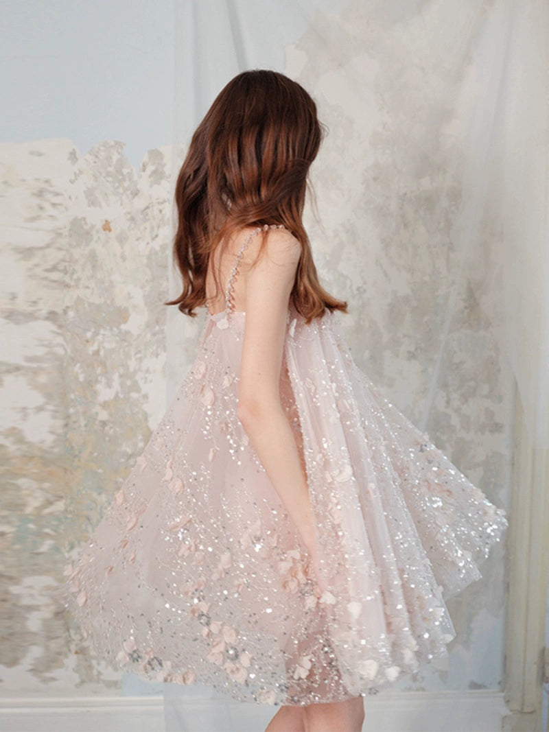 Wardrobes by Chen Luxury Pink Flower Embroidered Loose doll Party Dress-Zola