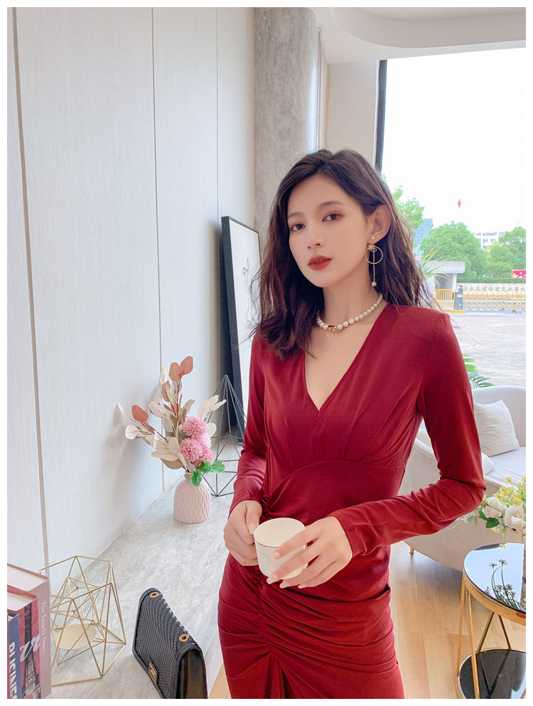 DOLLY Retro Style V-Neck Long Sleeve Pleated Waist Long Slit Dinner Dress-NEYO