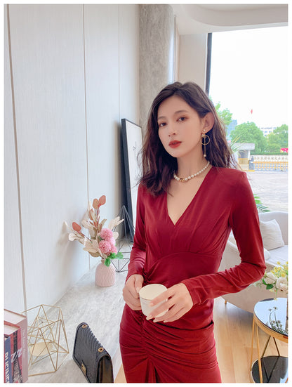 DOLLY Retro Style V-Neck Long Sleeve Pleated Waist Long Slit Dinner Dress-NEYO