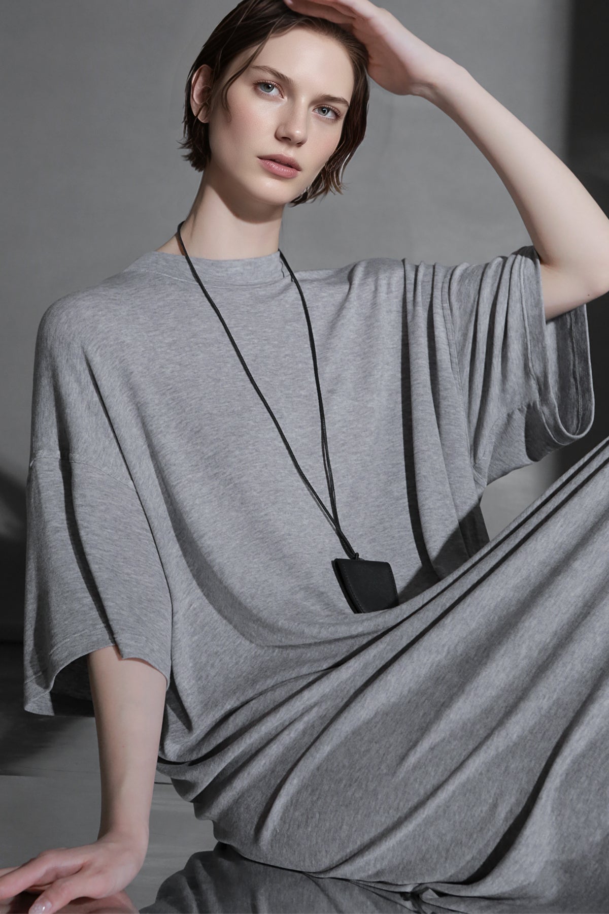 PIAOIN minimalist style nude tencel wool t-shirt skirt versatile dress -LYDIA