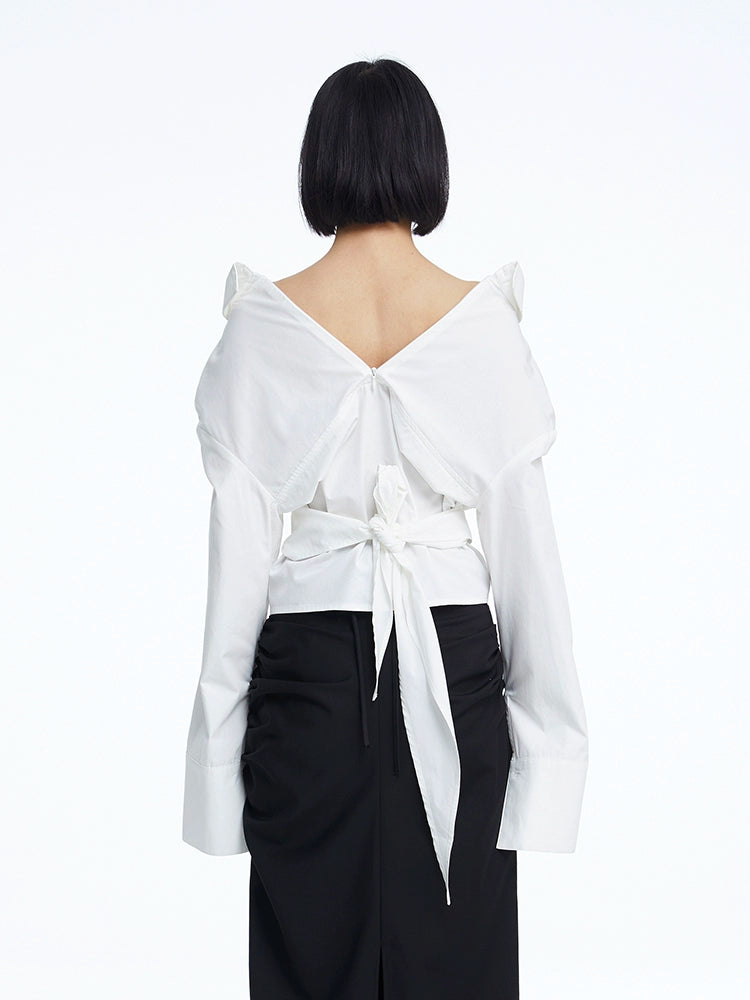 TINY IN white lace-up shirt one and two wear off-the-shoulder loose shirt -MEL