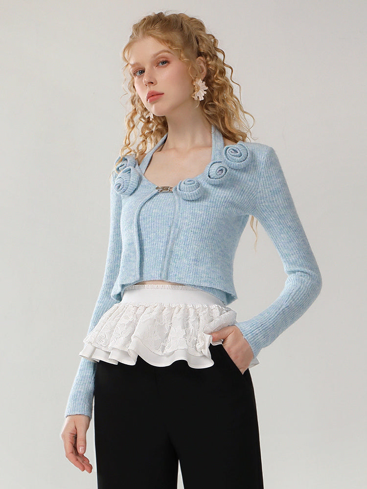 CHECOCRE Chic Three-dimensional Blue Flowers Wool Cardigan Two-piece  - CARE